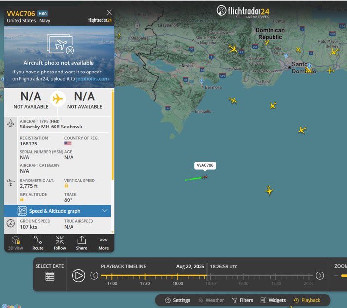 🚨| ÚLTIMA HORA: Se ha detectado que la Marina estadounidense ya se encuentra al norte de las costas de Venezuela con helicópteros militares. 🇻🇪  El helicóptero Seahawk HSM-74 fue rastreado en la zona el 22 de agosto, según Flightradar24. ¡Trump viene con todo este fin de semana!