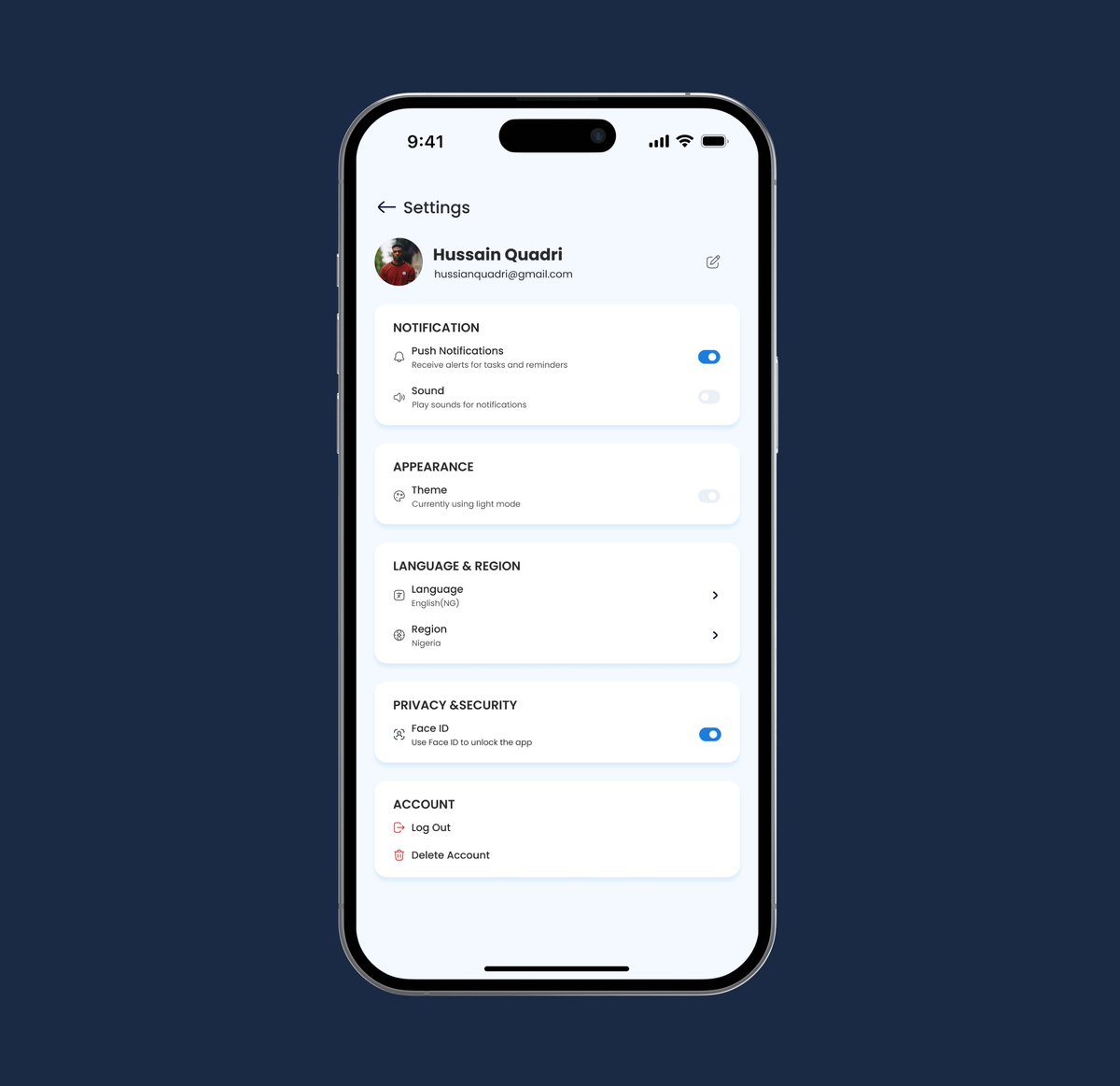FMGrid's tweet photo. Daily UI 007 β Settings Page
I designed a settings screen for a mobile application. It focuses on easy navigation for managing notifications, appearance, language & region, privacy & security, and account options. #DailyUI #UIDesign #UXDesign ##MobileApp #SettingsUI https://t.co/yTvEF00JCt