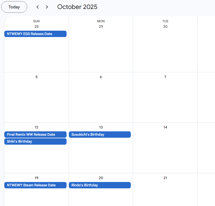 I made a Google Calendar with most of the important dates from across #TWEWY's history (birthdays, anniversaries, air dates, etc.). I've mostly used it to schedule posts for TWEWY Frames, but I thought that I may as well share it publicly. Here you go!

calendar.google.com/calendar/u/1?c…