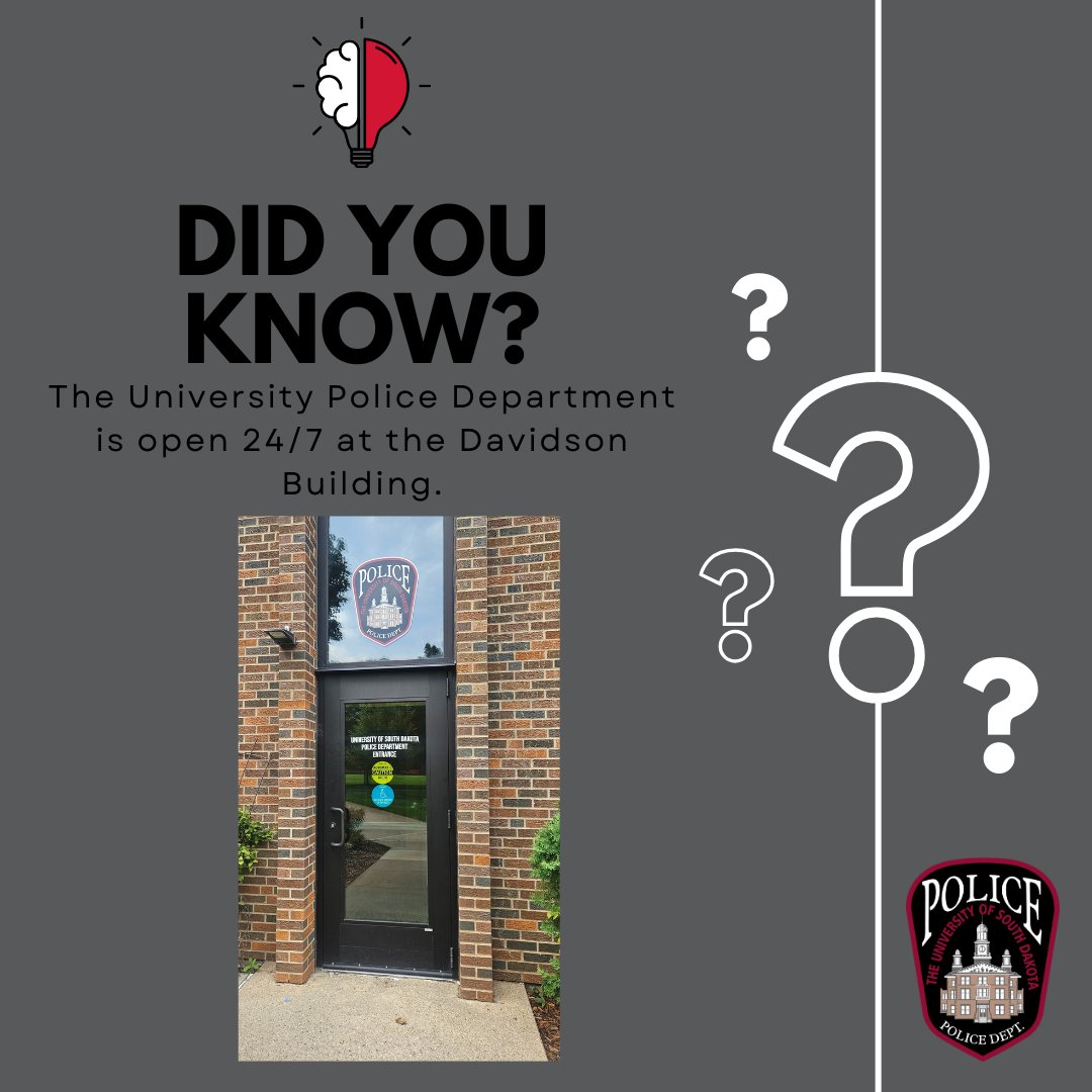 🚨 Did you know?
The University Police Department is open 24/7 at the Davidson Building.
📞 605-658-6199
📧 universitypolice@usd.edu