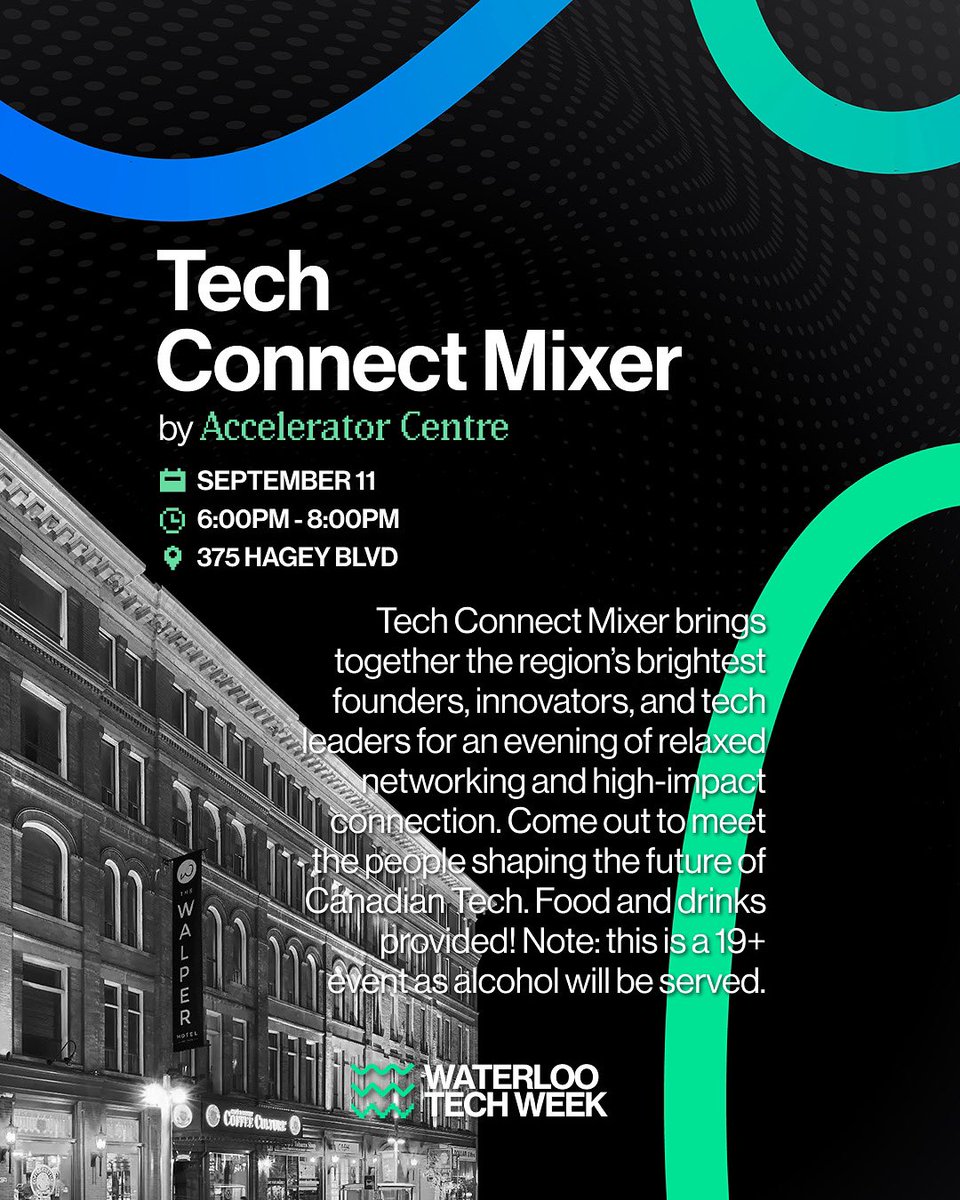 wlootechweek's tweet photo. Tech Connect Mixer with @AC_Waterloo
๐๏ธ September 11
๐ 375 Hagey Blvd
Get ready to mix, mingle, and spark meaningful conversations at Waterloo Tech Week!ย
๐ Register here: https://t.co/rUkrTY1ZdSย
#waterlootechweek #acceleratorcentre https://t.co/l0B87DPBmb