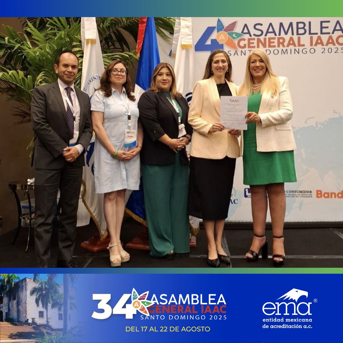¡Orgullosamente ema!
Durante la 34ª Asamblea General de <a href="/IAAC_Official/">IAAC Official</a>  en República Dominicana, <a href="/ema_ac/">EMA A.C</a>  fue reconocida con el Acuerdo de Reconocimiento Multilateral (MLA) para la acreditación de organismos de verificación y validación conforme a la norma ISO/IEC 17029:2019.