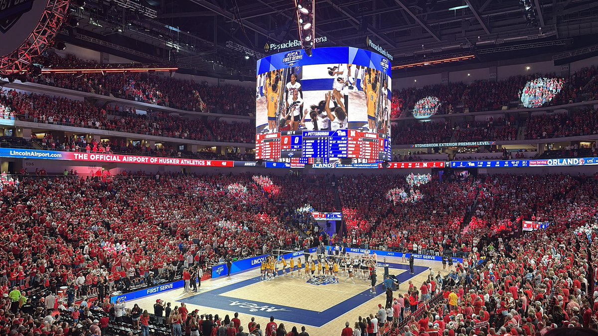 FINAL: The first Husker Volleyball game inside of Pinnacle Bank Arena is a success for the home squad. #1 Nebraska takes down #3 Pitt in four sets.

A sellout crowd on hand for a doozy of a matchup in Game 1.

Andi Jackson is named the game MVP.

Story to follow for <a href="/dnsports/">DN Sports</a>.