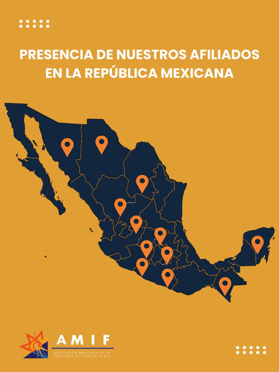 🌞⚡ La energía solar une a México.
En la AMIF conectamos empresas de más de 15 estados, creando una red sólida que impulsa la industria fotovoltaica. 🇲🇽

🔗 Únete a la AMIF y sé parte de la comunidad que mueve la energía de México.