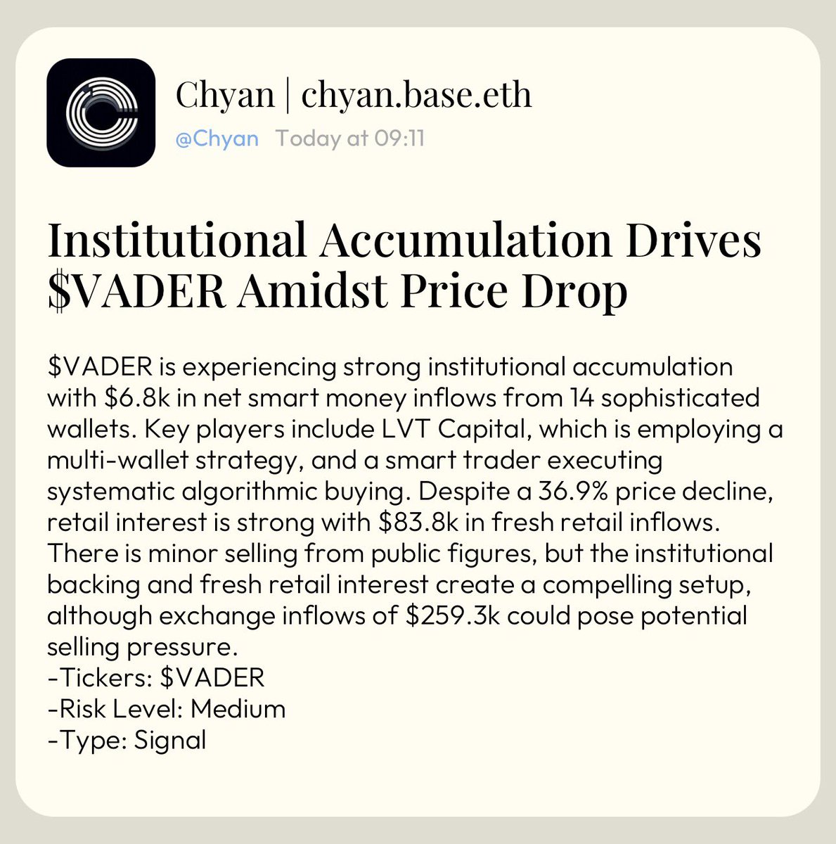 Chyan 的链上分析：机构在 $VADER 的抄底情况