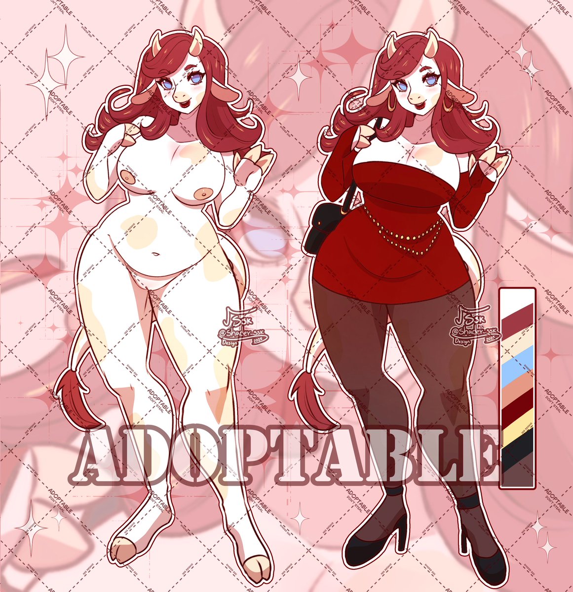✦COW✦ 

FLAT PRICE 70 USD

✧Rules
- Hold maximum 2 weeks
- Give me credits for the design
- You can resell at a higher price only if you have extra art
- No refunds
- Personal use [Commercial Use Extra 100 Usd] 

✧Paypal-Kofi-Transfer(mxn)

#adoptable #nsfw #furry #cow #th