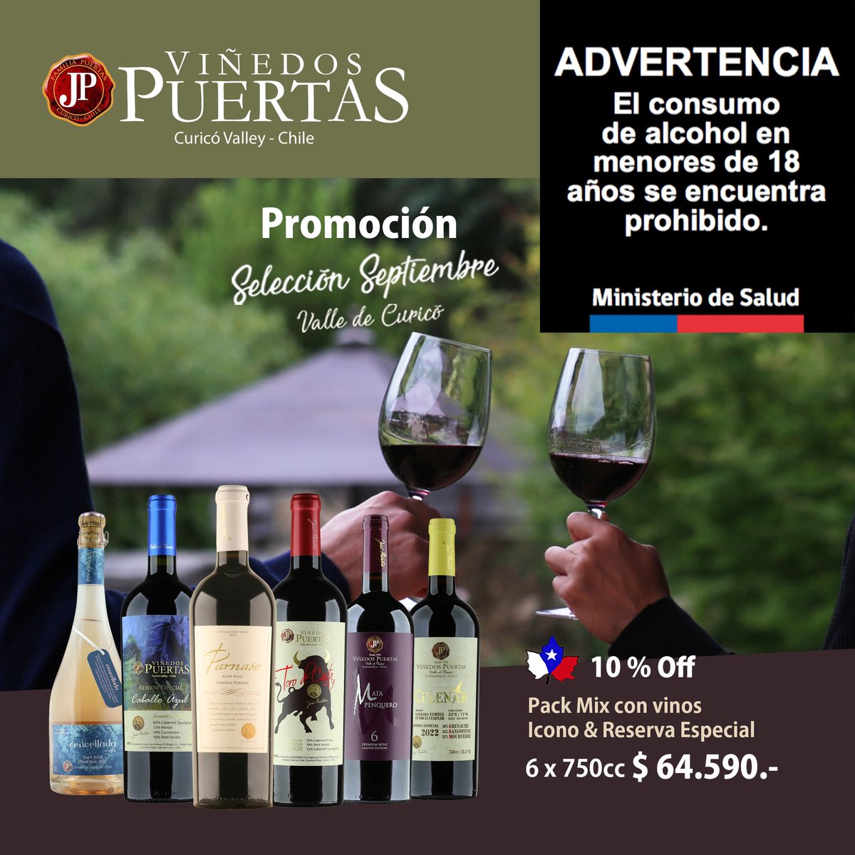 Anticipa tus compras dieciocheras con estas excelentes promociones de nuestros vinos 100% Valle de Curicó y disfruta de unas felices fiestas patrias.

Pack Mix Vinos Reserva Especial &amp; Reserva
6x750cc
1 Bot Puertas Reserva Sauvignon Blanc 2024
1 Bot Puertas Reserva Rosé Grenache