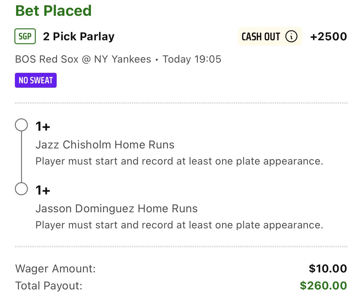 DraftKings No Sweat HR bet 

This builds to about the same on fanduel 

Middle of the lineup guys to hit back-to-back jacks and turn $10 into $250 

Jazz &amp; Jasson take us home