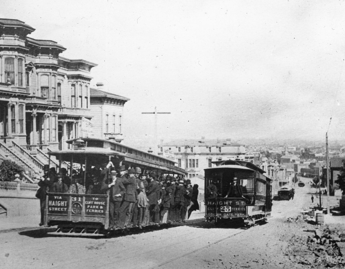 Noted Engineer Henry Root designed the Market St Cable Rwy.  with the intention of serving a higher-capacity than previous cable companies.  He developed the combination cable car for this purpose, double truck, 34-feet long, with a capacity of 130 passengers.