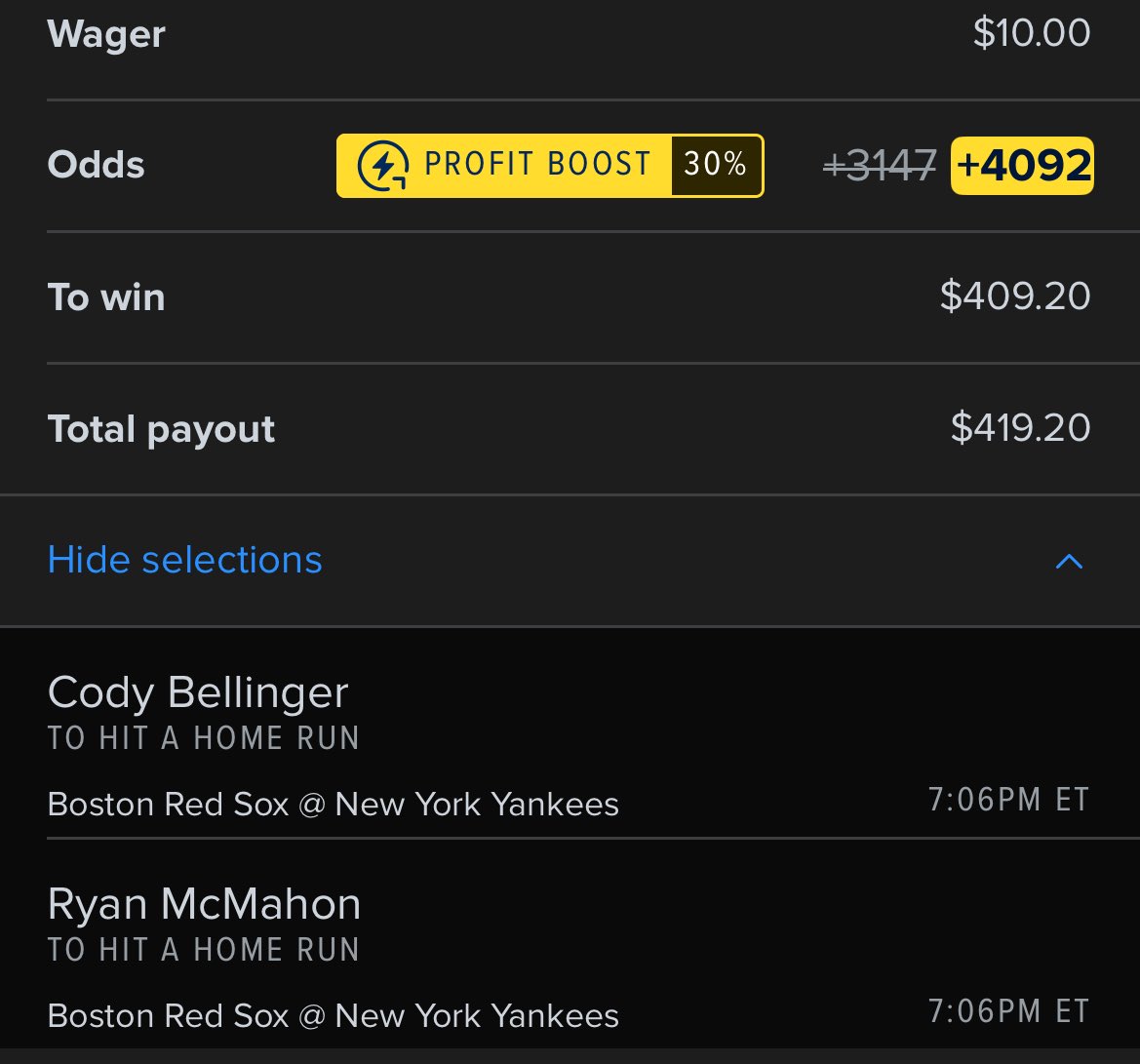 Fanduel 30% Friday boost 

Going with Cody and Ryan here 

Cody Bellinger has yet to Homer against Boston as a Yankee 

And Ryan McMahon has yet to Homer in the Bronx as a Yankee 

Let’s get two firsts tonight and turn $10 into $409