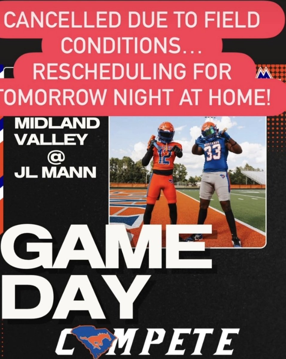 Mid Valley HS Sports (@valleyfb) on Twitter photo No football tonight. Due to field conditions, <a href="/MVHS_FB/">Midland Valley Football</a> will host <a href="/mann_football/">JL Mann Football</a> Saturday at LL Willis stadium. Kickoff time will be announced as soon as it's finalized. <a href="/GabrielCStovall/">Gabriel Stovall</a> <a href="/ItsKyleDawson/">Kyle Dawson</a> <a href="/WJBF/">WJBF</a> <a href="/astvsportsfront/">AikenStandard Sports</a> <a href="/MovinChains/">Movin’ The Chains</a> <a href="/LouatTheState/">Lou Bezjak</a> No football tonight. Due to field conditions, <a href="/MVHS_FB/">Midland Valley Football</a> will host <a href="/mann_football/">JL Mann Football</a> Saturday at LL Willis stadium. Kickoff time will be announced as soon as it's finalized. <a href="/GabrielCStovall/">Gabriel Stovall</a> <a href="/ItsKyleDawson/">Kyle Dawson</a> <a href="/WJBF/">WJBF</a> <a href="/astvsportsfront/">AikenStandard Sports</a> <a href="/MovinChains/">Movin’ The Chains</a> <a href="/LouatTheState/">Lou Bezjak</a>