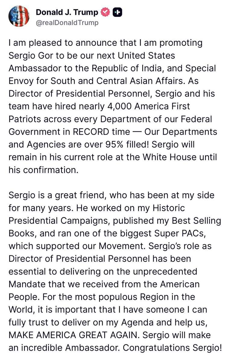 Poonam Sharma (@poonam_s) on Twitter photo Breaking: POTUS nominates Sergio Gor as the US Ambassador to India and special envoy for South and Central Asian Affairs <a href="/MEAIndia/">Randhir Jaiswal</a> <a href="/IndianEmbassyUS/">India in USA</a> <a href="/USAndIndia/">U.S. Embassy India</a> Breaking: POTUS nominates Sergio Gor as the US Ambassador to India and special envoy for South and Central Asian Affairs <a href="/MEAIndia/">Randhir Jaiswal</a> <a href="/IndianEmbassyUS/">India in USA</a> <a href="/USAndIndia/">U.S. Embassy India</a>