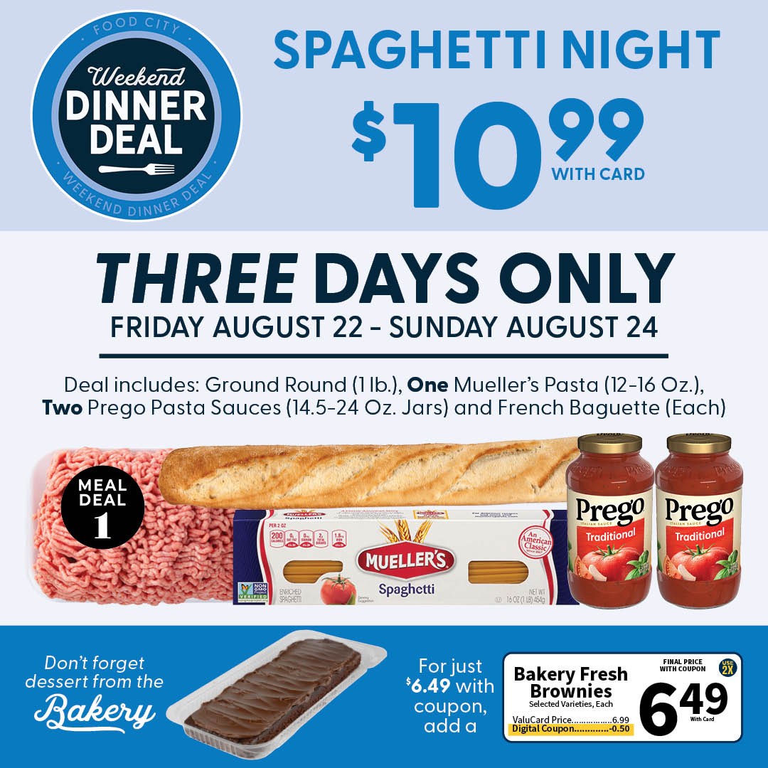 FoodCity's tweet image. It&apos;s spaghetti night this weekend! 🍝  Get special deal-only pricing this Friday, Saturday &amp;amp; Sunday when you purchase selected meal items.

#mealdeal #spaghettinight #savings #weekenddinnerdeal #foodcity #shopfoodcity