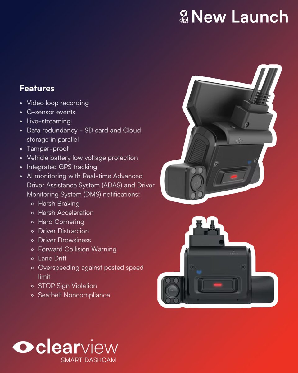 dpltelematics's tweet photo. Meet our newest addition: the ClearView Smart Dashcam 🧠 🎞️

Stacked with features, already acclaimed by +124 publications, and ready to equip your fleet with the best in the market, DPL Telematics is ready to help give you a ClearView.

Head to our website to learn more . https://t.co/gc9XL1uqbD