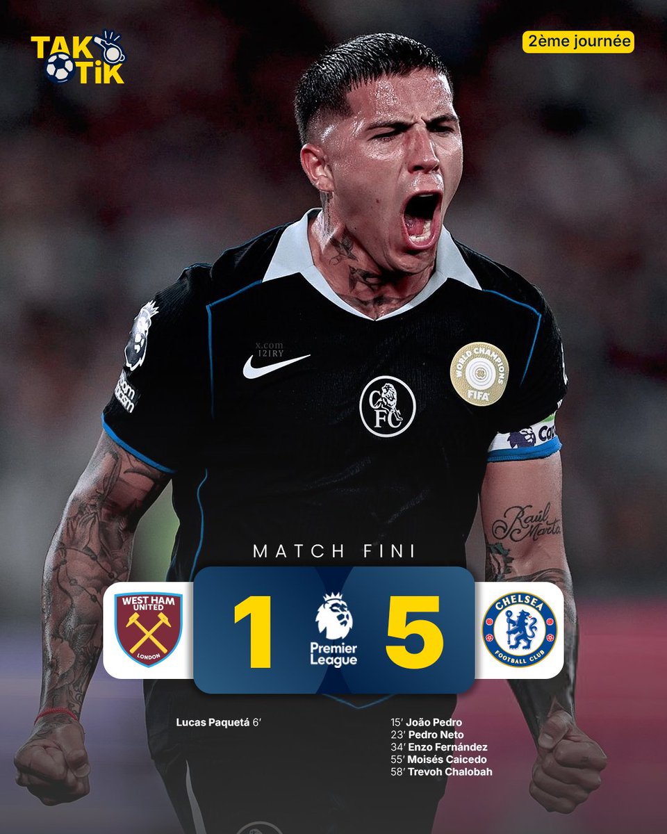 taktikfoot11's tweet photo. Chelsea ouvre enfin son compteur en Premier League. Après le 0-0 contre Crystal Palace, les Blues s’imposent 5-1 face à West Ham. Première victoire, avec la manière.
#WHACHE https://t.co/GBTOEgDzaL