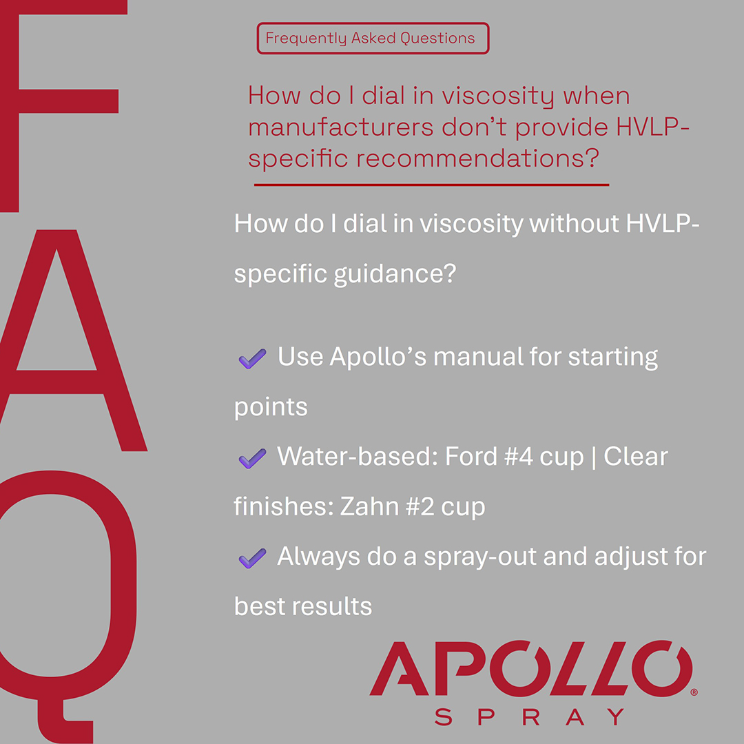 ApolloSprayers's tweet image. Not sure how to dial in viscosity when HVLP-specific guidance isn’t provided? Start with Apollo’s recommendations, test with a Ford #4 or Zahn #2 cup, and always adjust with a spray-out for the best finish!