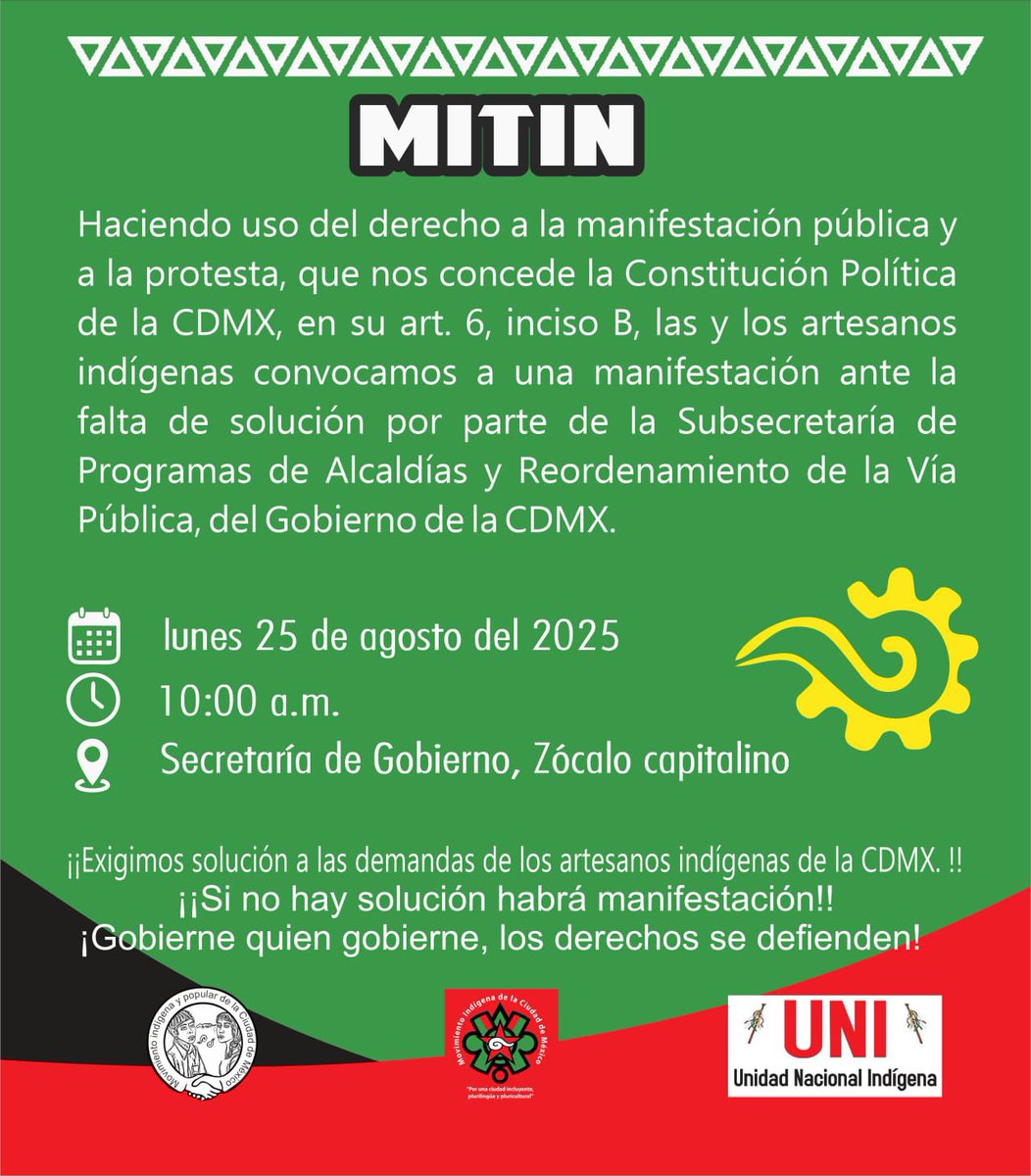 El lunes 25 de agosto de 2025, MITIN frente a la Secretaría de gobierno para exigir que se cumplan los acuerdos con respecto a los espacios dignos para nuestros compañeros artesanos en el centro histórico <a href="/SPAOVP_CDMX/">Subsecretaría de Programas Alcaldías Ordenamiento</a> <a href="/ClaraBrugadaM/">Clara Brugada Molina</a> <a href="/craviotocesar/">César Cravioto</a>