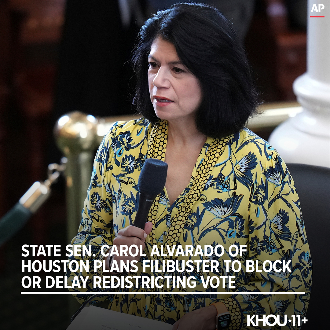 KHOU's tweet photo. BREAKING | Sen. Carol Alvarado (D-Houston) plans to filibuster the redistricting bill, delaying a vote that would send it to Gov. Abbott's desk.

Latest: https://t.co/zs2328dPcF https://t.co/Roh2uDDKfv