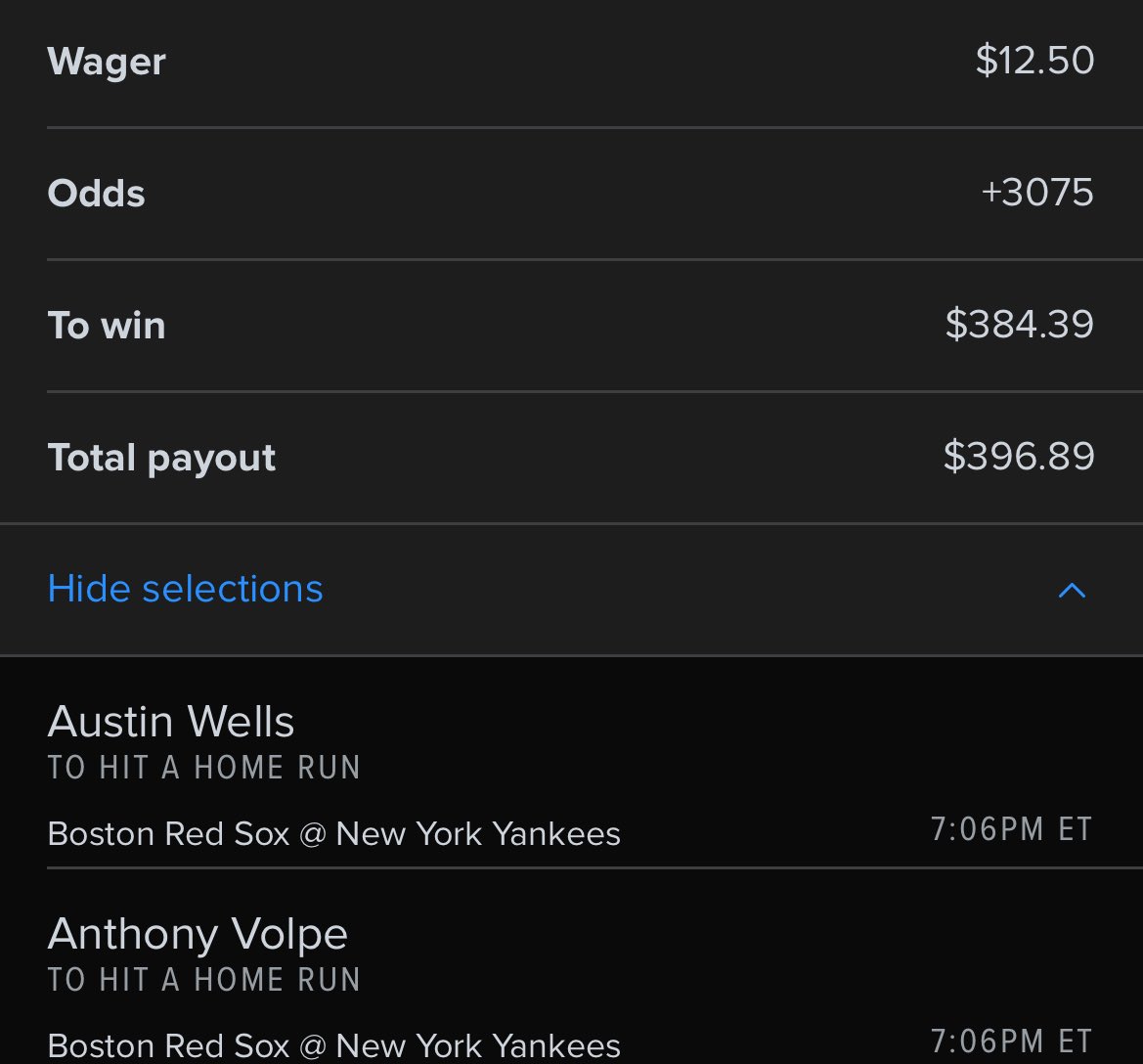 No boost needed here 

Have cashed this ticket once this season and looking to cash it again 

Wells hit 2 home runs the other day and he’s back in the lineup today 

Anthony Volpe is my guy and he’s got a knack for hitting bombs late in game 

Austin x Anthony 

AA 

Pocket Aces