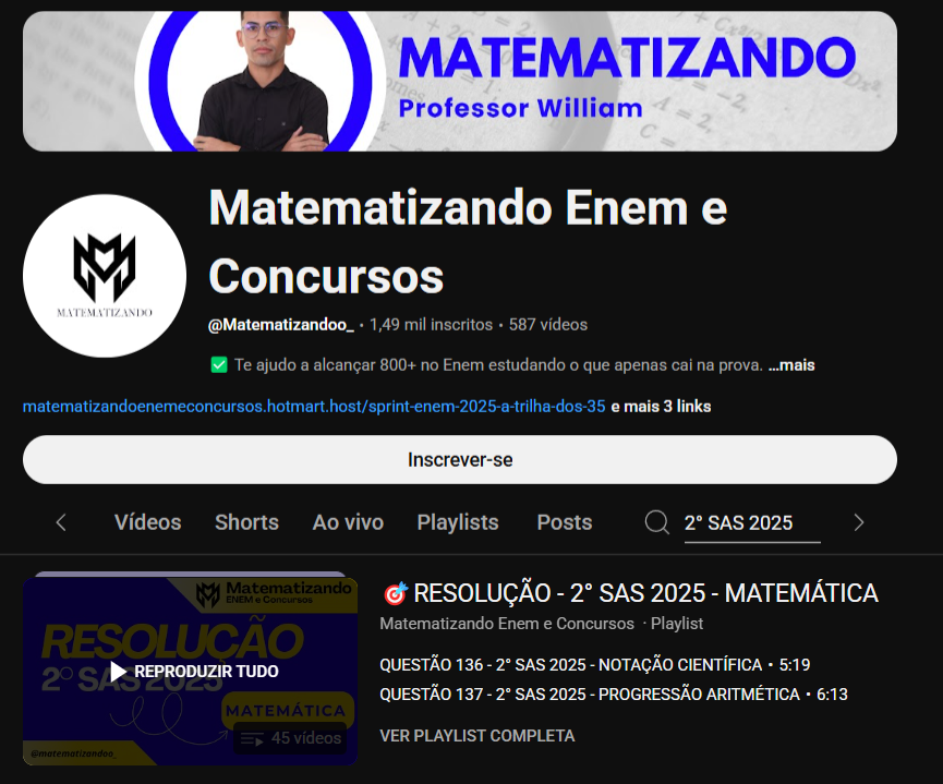 tava com algumas dúvidas corrigindo o 2° sas 2025 e gostei das resoluções desse professor pras questões de matemática! :) pra quem se interessar: