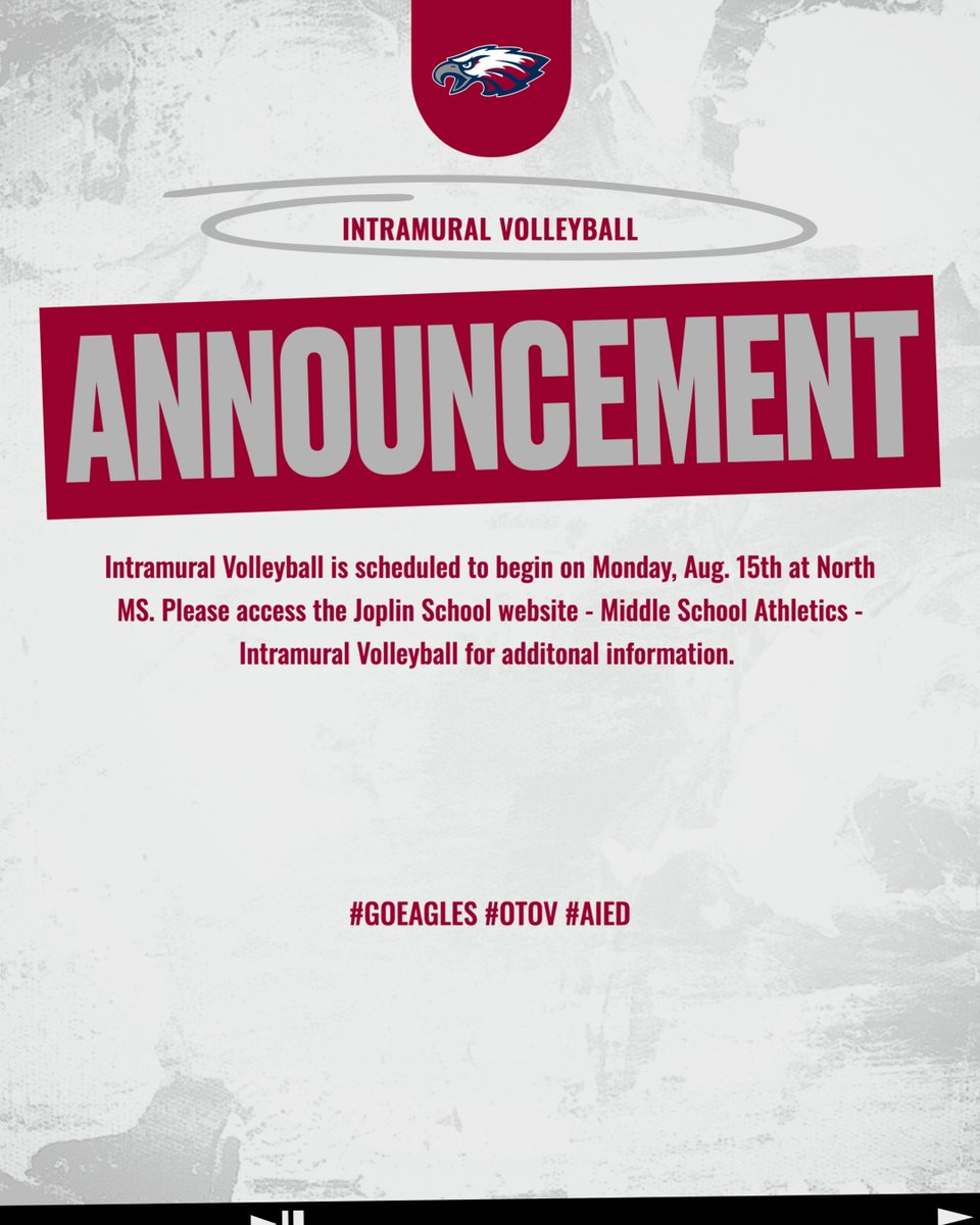 ICYMI:  The Intramural Volleyball program begins on Monday, August 25th after school at North Middle School.
The following link provides additional Information and access to the Parent Release Form:  joplinathletics.org/57608_2