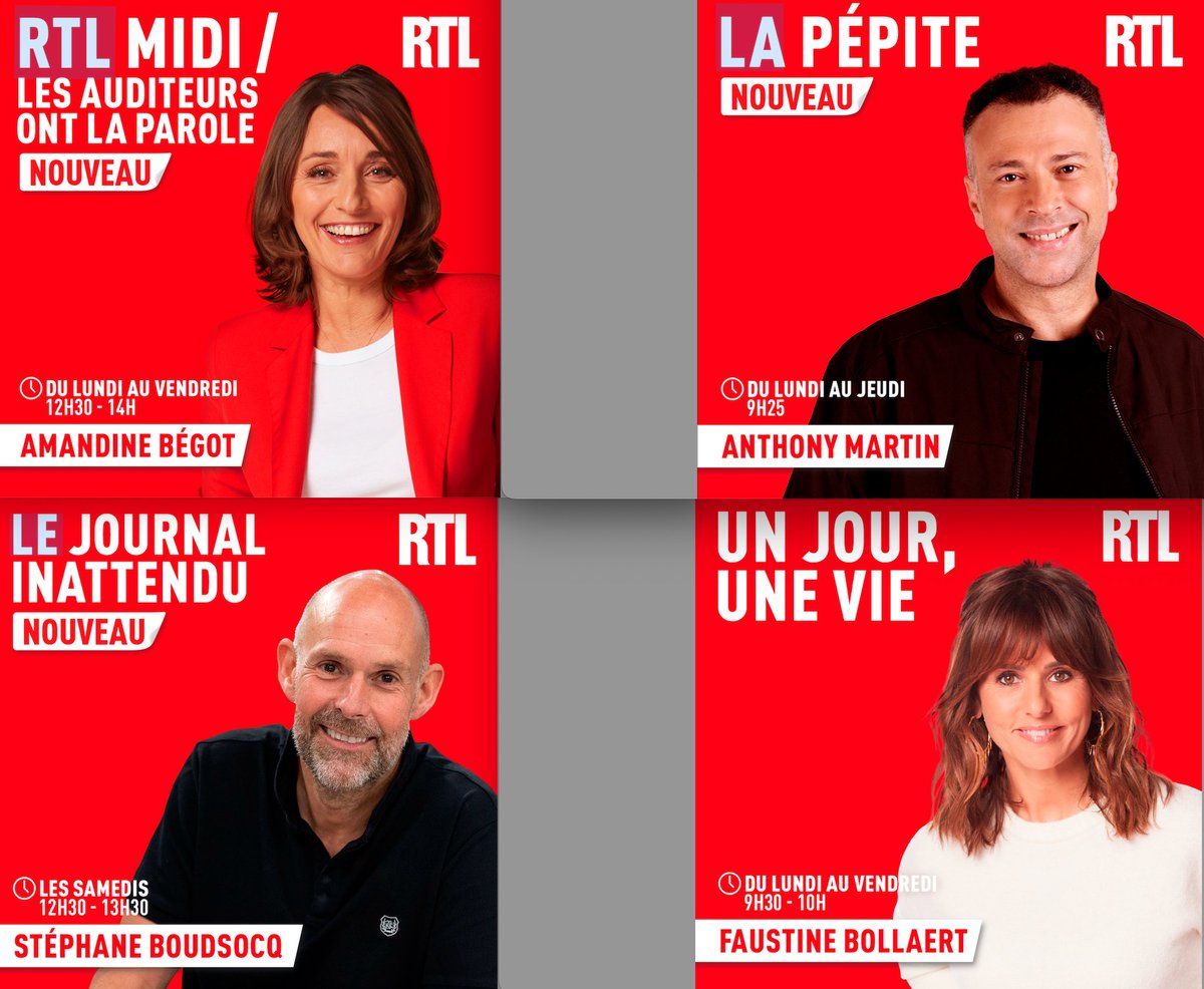 📻 Grille de rentrée de <a href="/RTLFrance/">RTL France</a> à partir du 25 août. Ceux qui changent d’horaire :
<a href="/amandine_begot/">Amandine Bégot</a>, <a href="/AnthoMa/">Anthony Martin</a>, <a href="/Stephbou08/">Stéphane Boudsocq</a> et <a href="/FaustineFB/">Faustine Bollaert</a>. 🎙️➡️⬅️

<a href="/Jon_Curiel/">Jonathan Curiel</a> <a href="/CyprienCini/">Cyprien Cini</a> <a href="/RTL_presse/">RTL Pro : RTL - RTL2 - FUN RADIO</a> <a href="/radio_scope/">RadioScope</a>