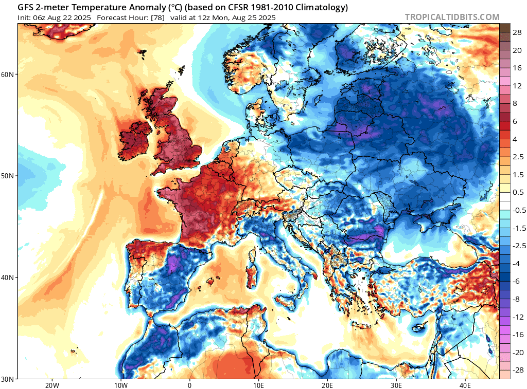 ChadWeather's tweet image. Temperatures well-above average across the UK on #BankHolidayMonday and some relief from the heat for those in southeastern #Spain.