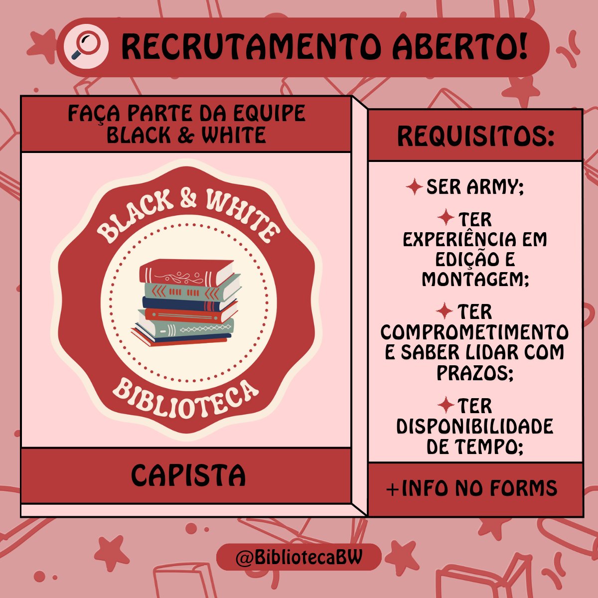 [📢] RECRUTAMENTO PARA CAPISTA - BBW

Você é capista e gostaria de fazer parte da Black &amp; White? Estamos com vagas abertas e adoraríamos ter você em nossa equipe!

Caso atenda aos requisitos e tenha interesse, preencha o formulário abaixo:

🔗 docs.google.com/forms/d/1k06wi…