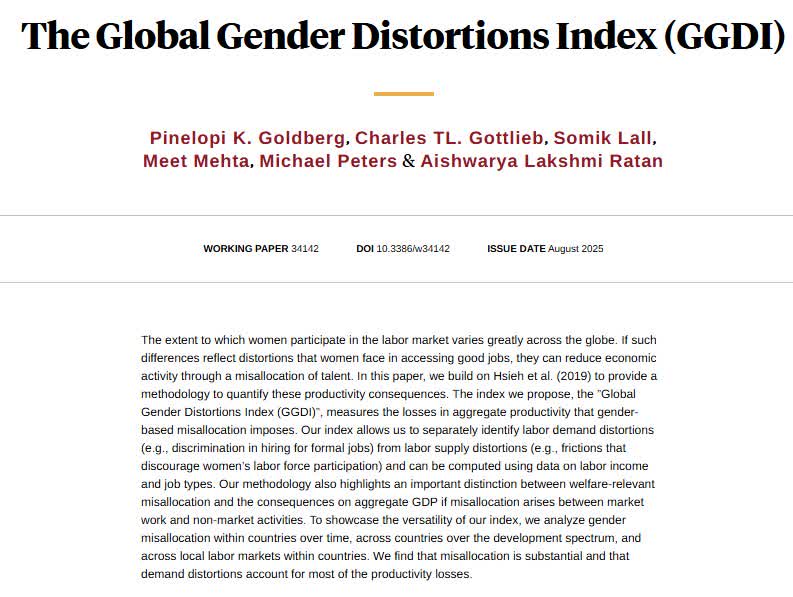 nberpubs's tweet photo. Developing an index to measure the productivity losses of gender-based misallocation. Across countries, over time, and across local labor markets, misallocation is substantial, from @PennyG_Yale, @CharlesGottlie7, @somikcities, Meet Mehta, Michael Peters, and Aishwarya Lakshmi Ratan https://t.co/140K3W1Tbw