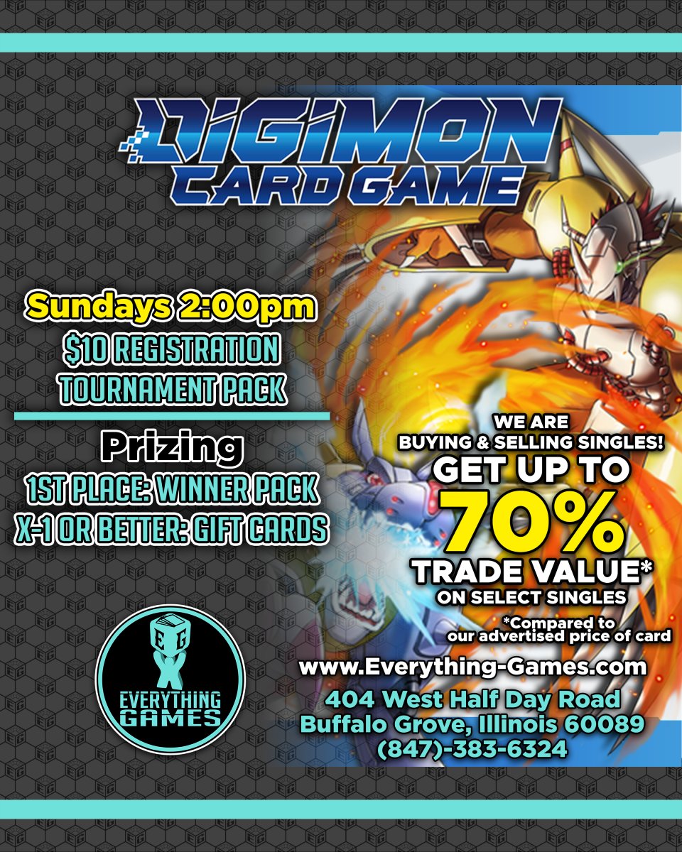 verythingGames's tweet photo. Come join our Digimon locals every Sunday at 2:00pm and digivolve your way to victory! Get up to 70% trade value on select singles!🎲 🎮
.
.
.
#DigimonTCG #DigimonTCGCommunity #EverythingGames https://t.co/dEah5161qH