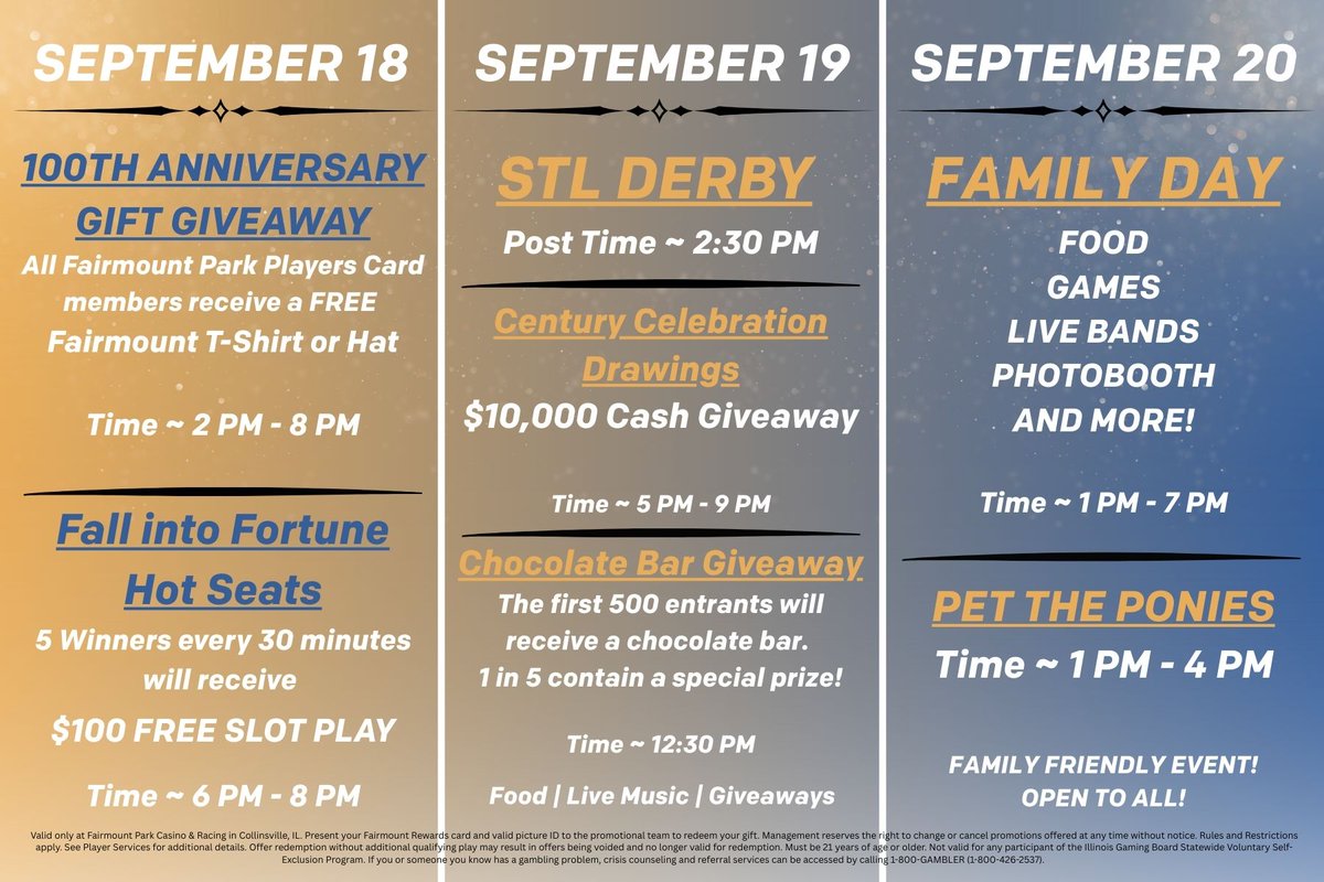 FairmountPk's tweet photo. π Fairmount Park turns 100! π
Join us Sept 18β20 for giveaways, drawings, games & more π₯³
π Plus, the STL Derby on Fri, Sept 19!
Donβt miss this historic weekend πΆπππ»
π Fairmount Park Casino & Racing
#FairmountPark100 #STLDerby #Celebrate100 https://t.co/yccw7Z9qGa