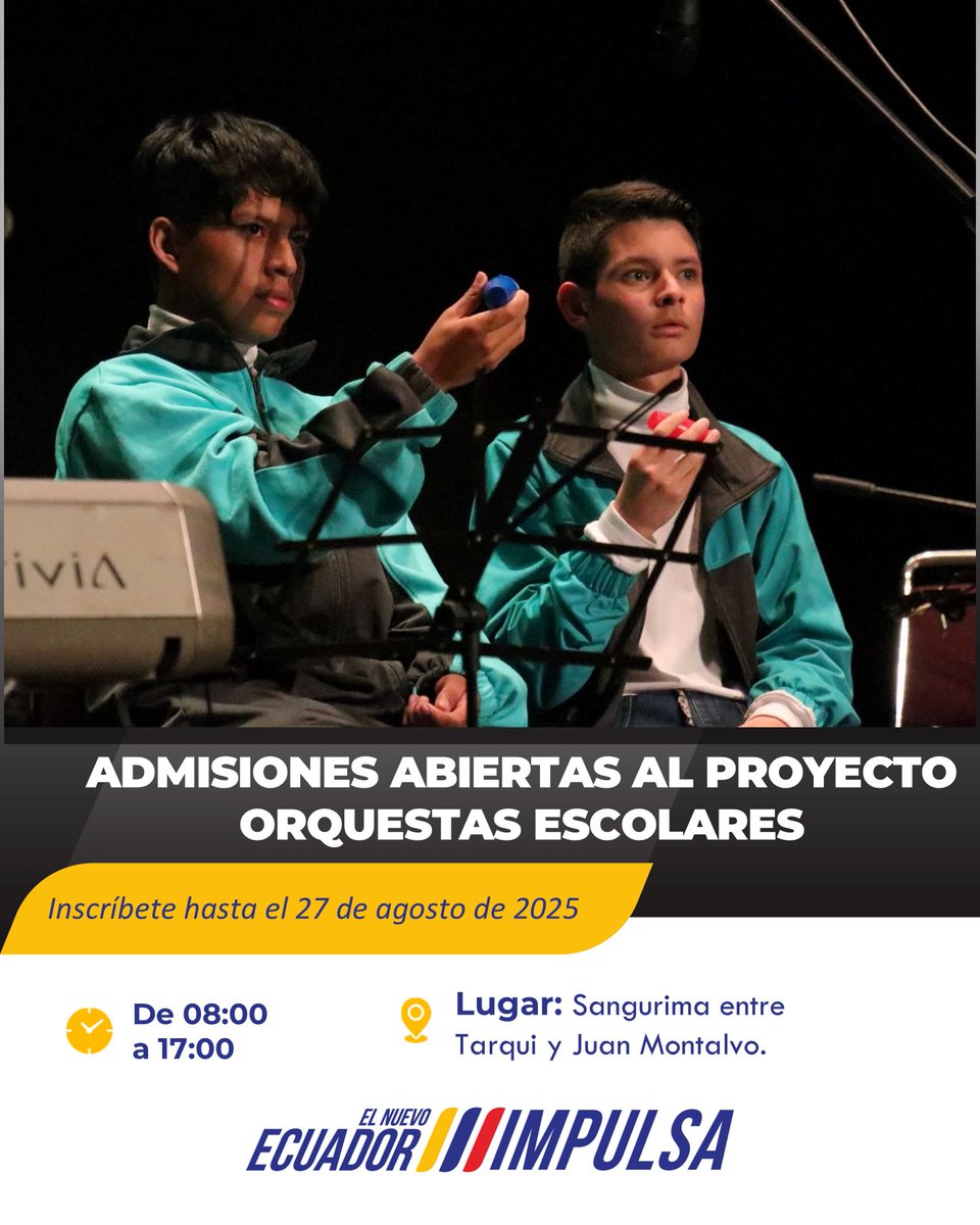 📢 ¡Admisiones abiertas al Proyecto de Orquestas Escolares! 🎶
✅ Requisitos:
✔ 5.º a 9.º EGB instituciones fiscales.
✔ Tener in instrumento. 🎸 
✔ Admisión.
📆 Inscripciones hasta el 27 agosto📍Calle Sangurima y Tarqui.
📧 orquestas.escolares.zonal6@gmail.com
#ElNuevoEcuador