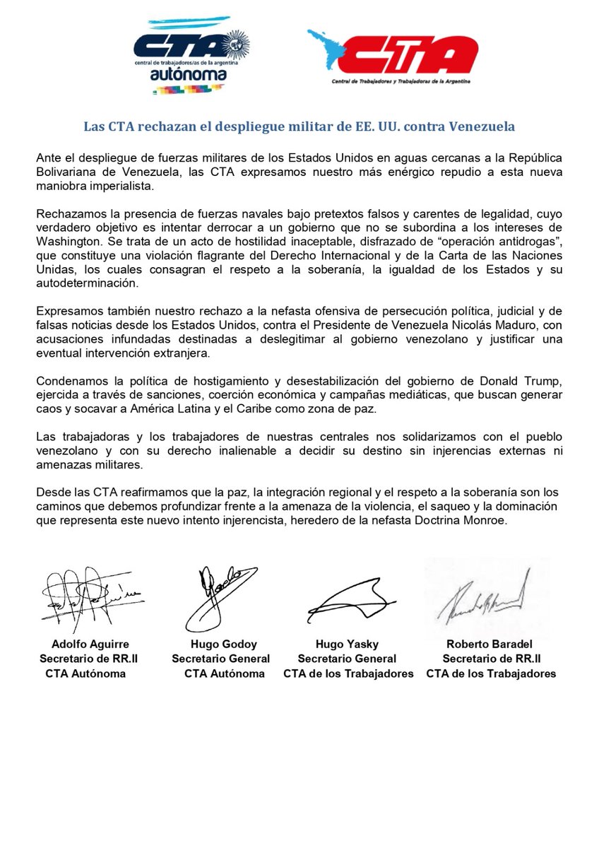 📢 Las CTA rechazan el despliegue militar de EE.UU. contra Venezuela.