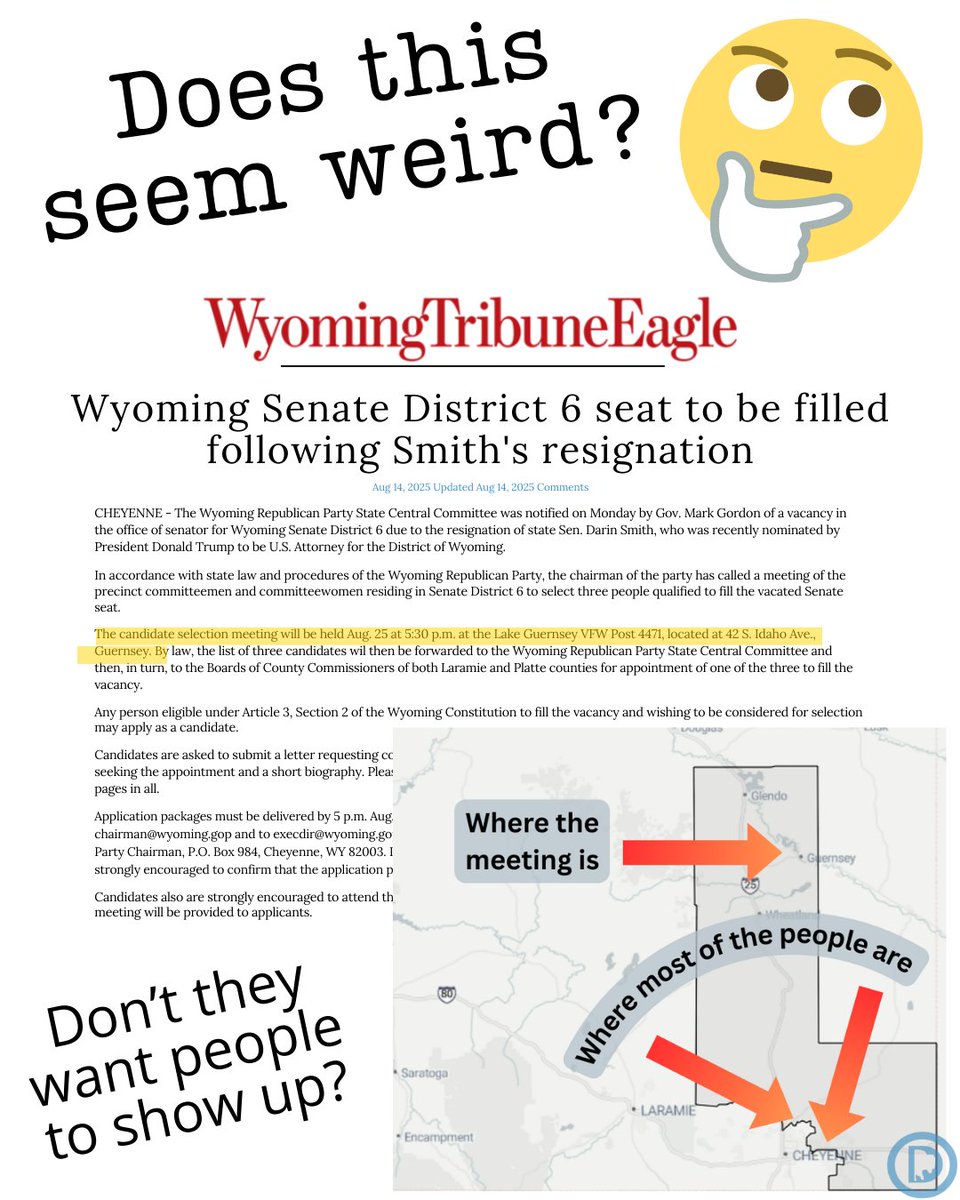 Wyoming GOP is holding a Senate vacancy vote at 5:30 p.m. on a Monday in a remote, inconvenient location that would force folks to take time off work... It's almost like they don’t want people to show up! Are they afraid their own members might select a moderate or something?! 😂