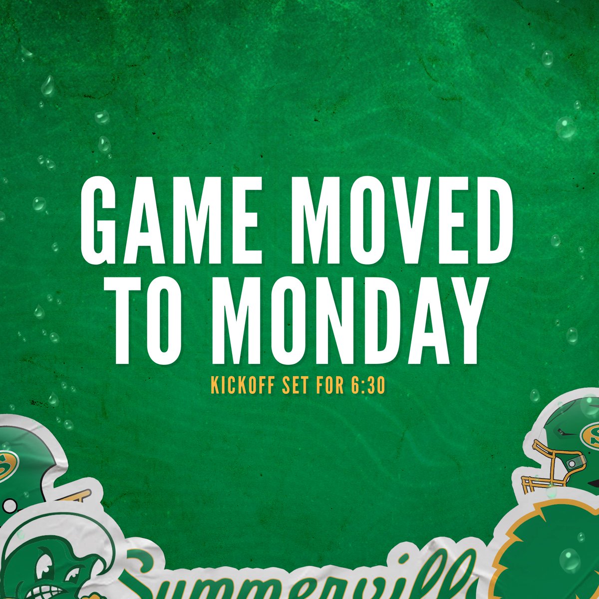 Due flash flooding in the tri-county area, tonight’s game against Stratford has been postponed.

We’ll face off Monday night at 6:30 pm.

Gates open at 5:00.

Tickets purchased for Friday will be honored at the gate. 

Stay safe, we’ll see yall Monday night! 

#GoBigGreen |