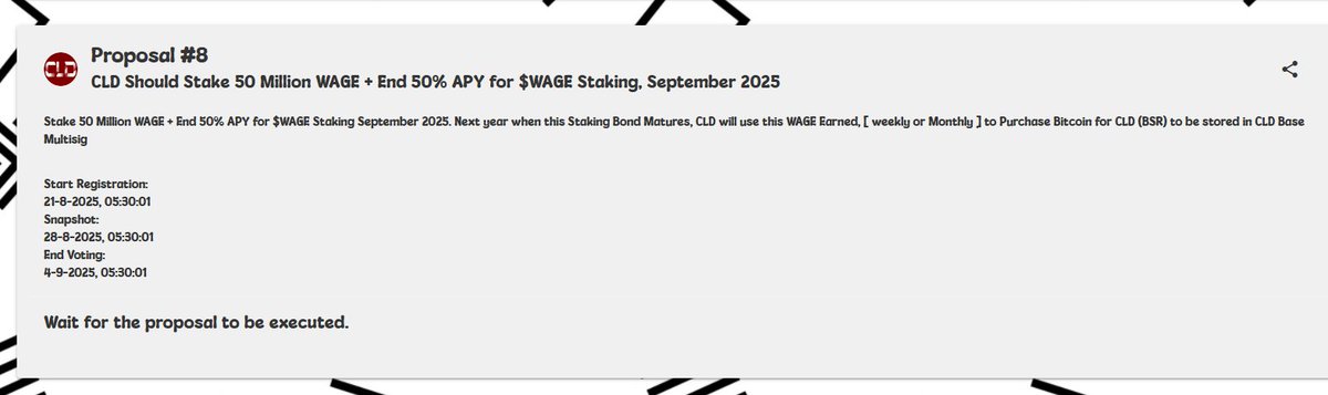 If you want to profit from the 50% APY $WAGE staking pool u have to be quick!

A proposal is live @ CLD website to end the 50% APY $WAGE stake pool in september! Positions opened and running before the proposal end date stay active until the stake end date!

Buy $WAGE now &amp; stake