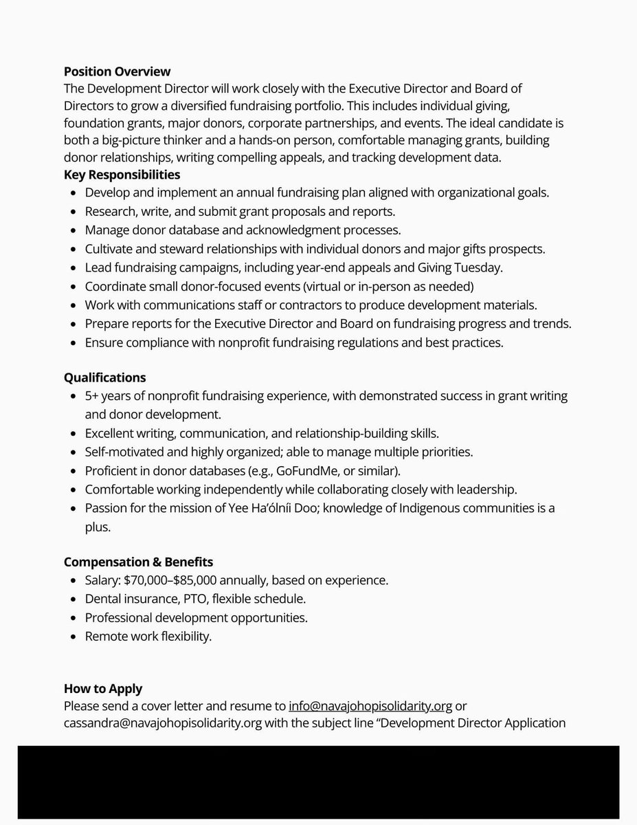 We're hiring!
Yee Ha'ólníi Doo is seeking a Development Director to help lead fundraising and donor engagement.
Location: Remote/Hybrid
Salary: $70K-$85K DOE
To Apply email: info@navajohopisolidarity.org and cassandra@navajohopisolidarity.org
