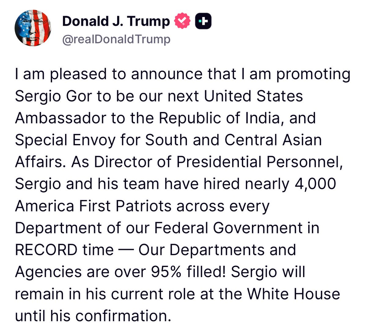 Nick Solheim (@nickssolheim) on Twitter photo .<a href="/SergioGor/">Sergio Gor</a> is a patriot who revolutionized the Presidential Personnel Office and its service to the President.
Many of the victories of this administration are due to the great people Sergio’s vetted on behalf of President Trump.
He will continue to do great things. 🇺🇸 .<a href="/SergioGor/">Sergio Gor</a> is a patriot who revolutionized the Presidential Personnel Office and its service to the President.
Many of the victories of this administration are due to the great people Sergio’s vetted on behalf of President Trump.
He will continue to do great things. 🇺🇸