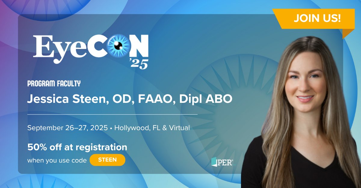 Join Jessica Steen, OD, FAAO, Dipl ABO, and other leaders at EyeCon 2025! Hear about the latest advances in eye care and earn up to 14 CME/COPE credits. 

Sign up NOW and use code STEEN to save on registration. Click here: hubs.li/Q03xx_kH0