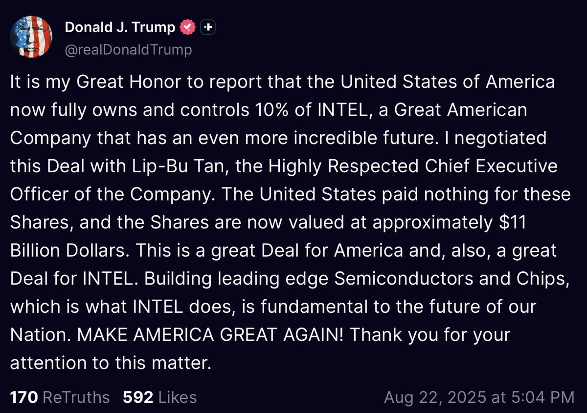 The U.S. now owns 10% of INTEL. 

MAGA communism is real.