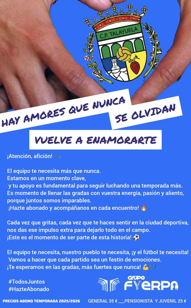 CPTalayuela's tweet photo. 💙CAMPAÑA DE ABONADOS 25/26💙

HAY AMORES QUE NUNCA SE OLVIDAN
VUELVE A ENAMORARTE

 ABONATE

🎫 GENERAL: 35 €
🎫 PENSIONISTAS Y JUVENIL:25€

#tequeremosilusionar
#vuelveaenamorarte
#vamostalayuela
#sentimientoazul https://t.co/MROGUz2JBO