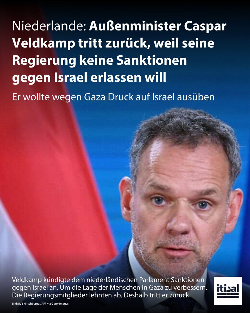 Der niederländische Außenminister Caspar Veldkamp ist am Freitagabend zurückgetreten, nachdem seine Regierung sich weigerte, Sanktionen gegen Israel zu verhängen. Veldkamp erklärte, er sehe sich nicht in der Lage, die notwendigen politischen Maßnahmen selbst umzusetzen.