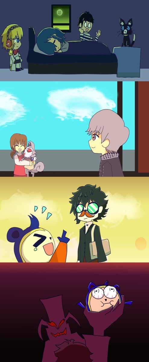 KaileyKings's tweet photo. What if Persona MCs swap their Mascot Pets.... #Persona3 #Persona4Golden #Persona5 #fanart #doodle #PERSONA https://t.co/Cys423mUKp