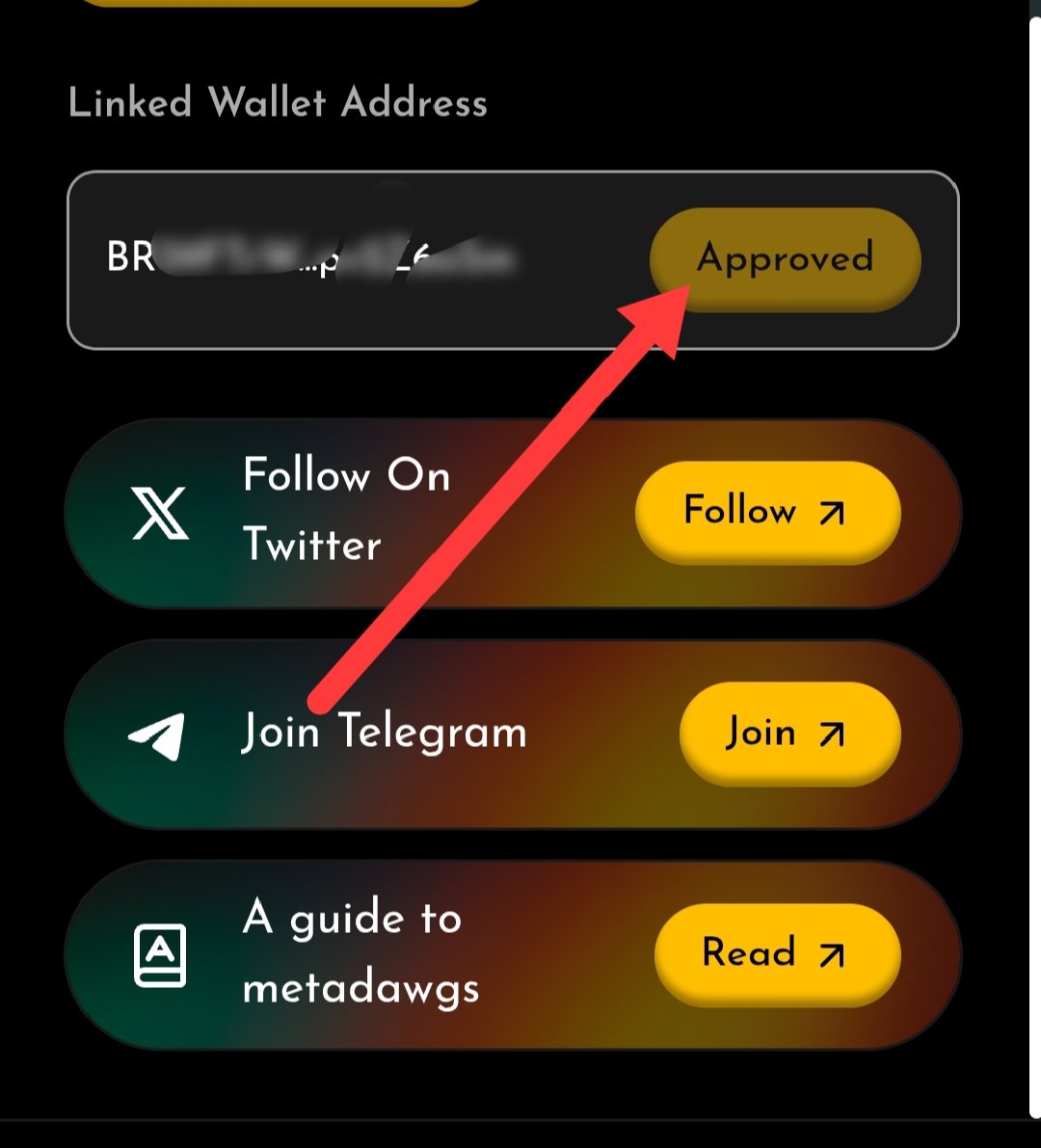 𝗜𝗺𝗽𝗼𝗿𝘁𝗮𝗻𝘁 𝘂𝗽𝗱𝗮𝘁𝗲 𝗳𝗼𝗿 𝗮𝗹𝗹 𝗠𝗲𝘁𝗮𝗱𝗮𝘄𝗴𝘀 𝗰𝗿𝗲𝗮𝘁𝗼𝗿𝘀 🗣️

..With the TGE snapshot and $MDAWGS launch coming soon, you must link and approve your wallet to be eligible for the whitelist round and airdrop claim.

It's a very crucial step so pay attention
