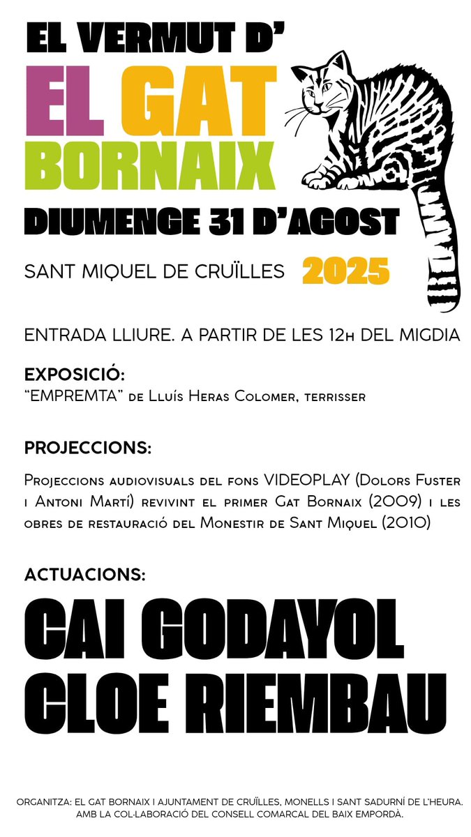 Aquest any: Gat Bornaix a l’estiu i en format vermut! I carregat de bones ofertes artístiques! Ens acompanya l’obra d’en Lluís Heras (Didi),  la música de ma <a href="/CloeRiembau/">Cloe</a> i en <a href="/CaiGodayol/">Cai</a> i un parell de projeccions d’en Toni Martí i la Dolors Fuster. Apunteu!