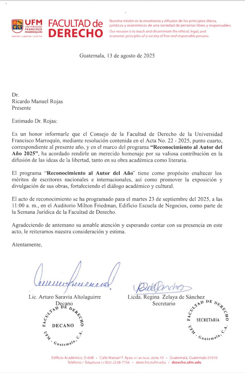 Muy honrado por este reconocimiento, que proviene de la  querida Casa de la Libertad.
Muchas gracias a las autoridades de la Facultad de Derecho y especialmente a su Decano.