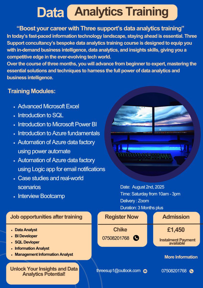 The registration for our next data analytics training is now open. See our flyer for more details for enquiries contact threesup1@outlook.com #dataanalytics #businessintelligence #powerbi #Azure