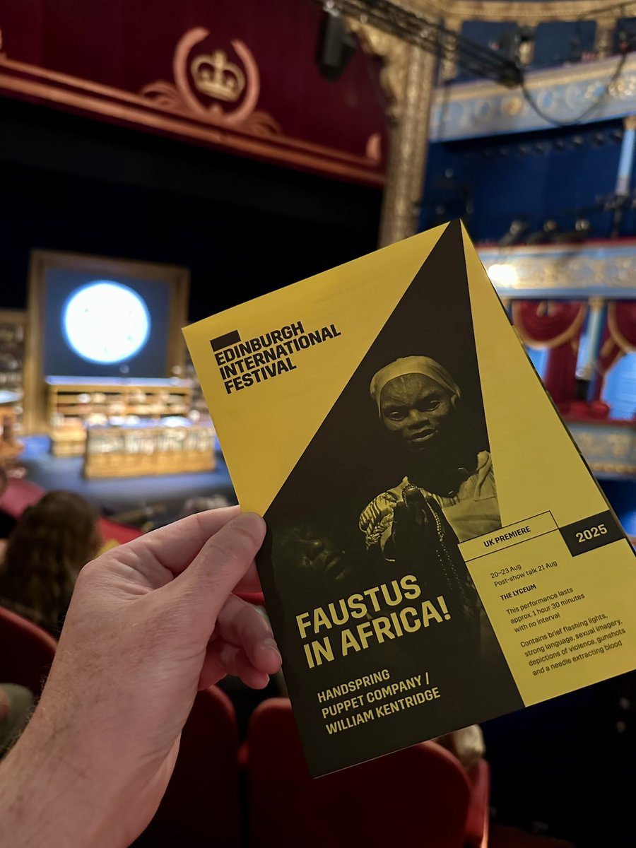 edin1981's tweet photo. Faustus in Africa! ⭐️⭐️. Puppets demonstrating mankind’s exploitation of Africa. There was potential in the storyline and graphics, but it jumped about too much and the puppets mostly added confusion. The crowd looked relieved by the end. 🎭 #edintfest @edintfest @lyceumedinburgh https://t.co/IDGIYqQGYs