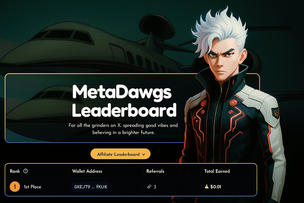 GM Top Dawgs 🐶
The <a href="/Meta_Dawgs/">Meta Dawgs 🐶</a> TGE week is rolling out the Creators Affiliate leaderboard and dashboard 🙂‍↔️

JSYK if you're not in already, you're missing out on a whole lot! 
You can now track every buy from your link, see your total referrals, and watch your Solana stack up