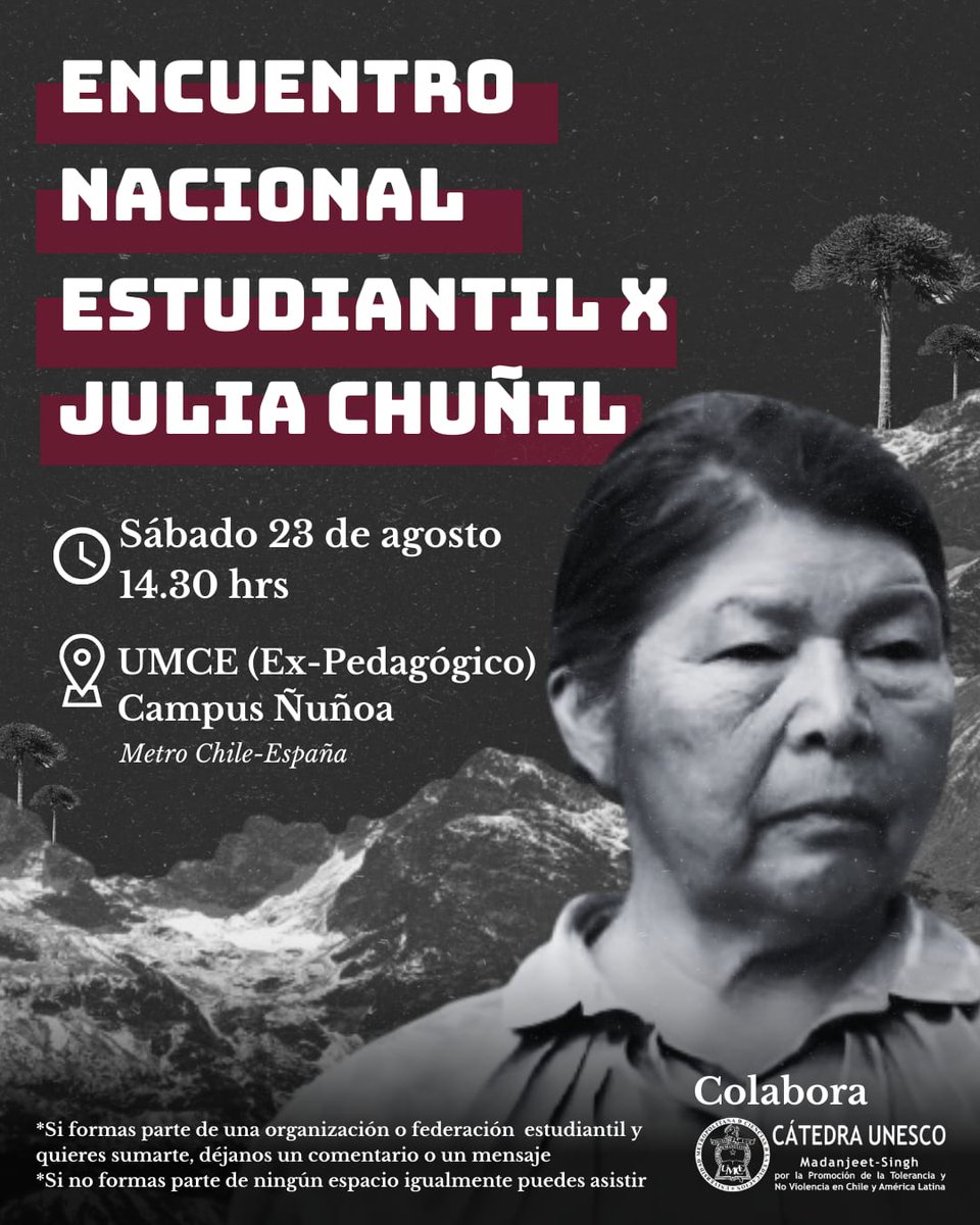 Chile mejor sin TLC (@chilesintlc) on Twitter photo Este sábado a las 14.30, Encuentro Nacional Estudiantil por Julia Chuñil, en la UMCE (ex Pedagógico). Universitarios y secundarios se organizan por la defensa de la vida y por sus propias demandas. <a href="/El_Ciudadano/">El Ciudadano</a> Este sábado a las 14.30, Encuentro Nacional Estudiantil por Julia Chuñil, en la UMCE (ex Pedagógico). Universitarios y secundarios se organizan por la defensa de la vida y por sus propias demandas. <a href="/El_Ciudadano/">El Ciudadano</a>